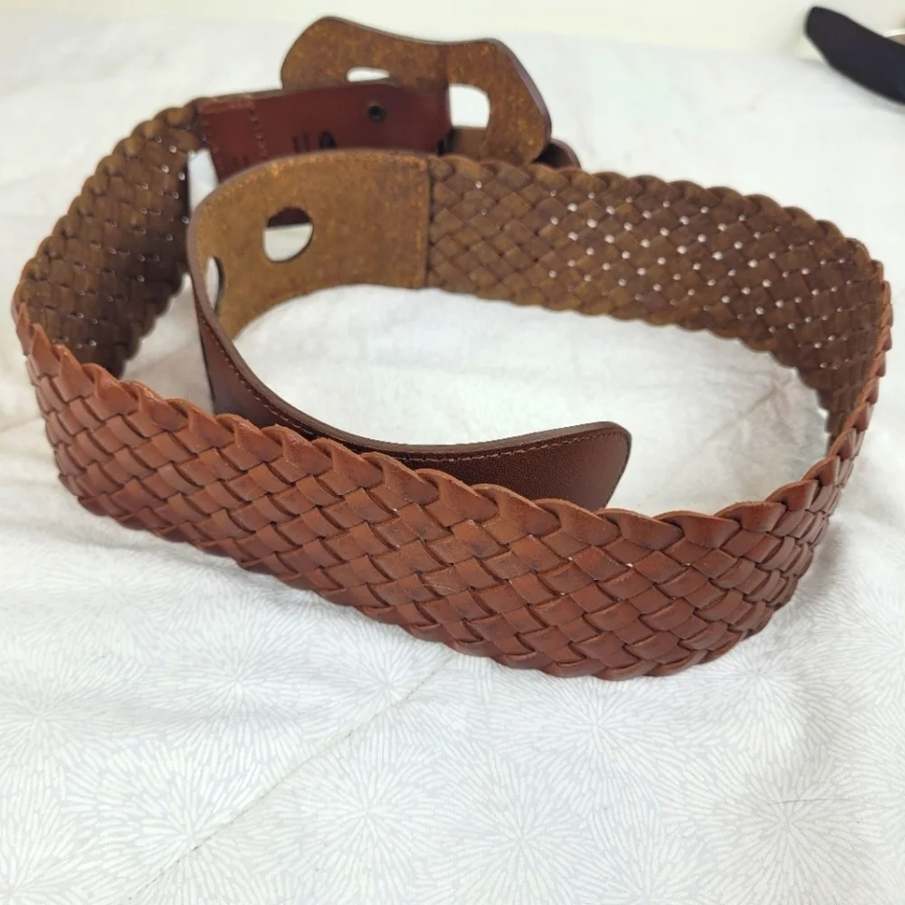 Old Navy brown woven wide leather belt artistic leather buckle boho festival S/M